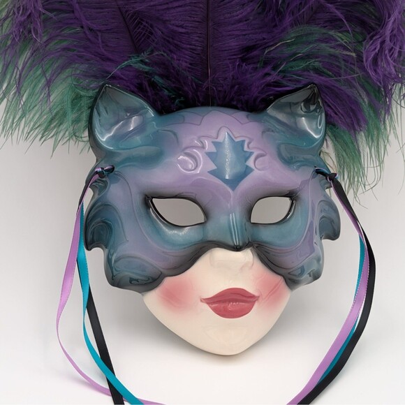 Vintage Clay Art Ceramic Wall Mask Teal Purple Feathers Cat Eye Masquerade 90s - Picture 3 of 12